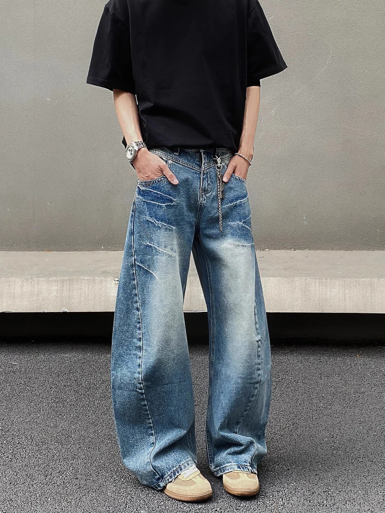 جينز رجالي أمريكي ريترو كلينفيت واسع الساق بتصميم فضفاض مناسب سروال مدبب من قماش الدنيم متعدد الخصر جينز عالي الخصر