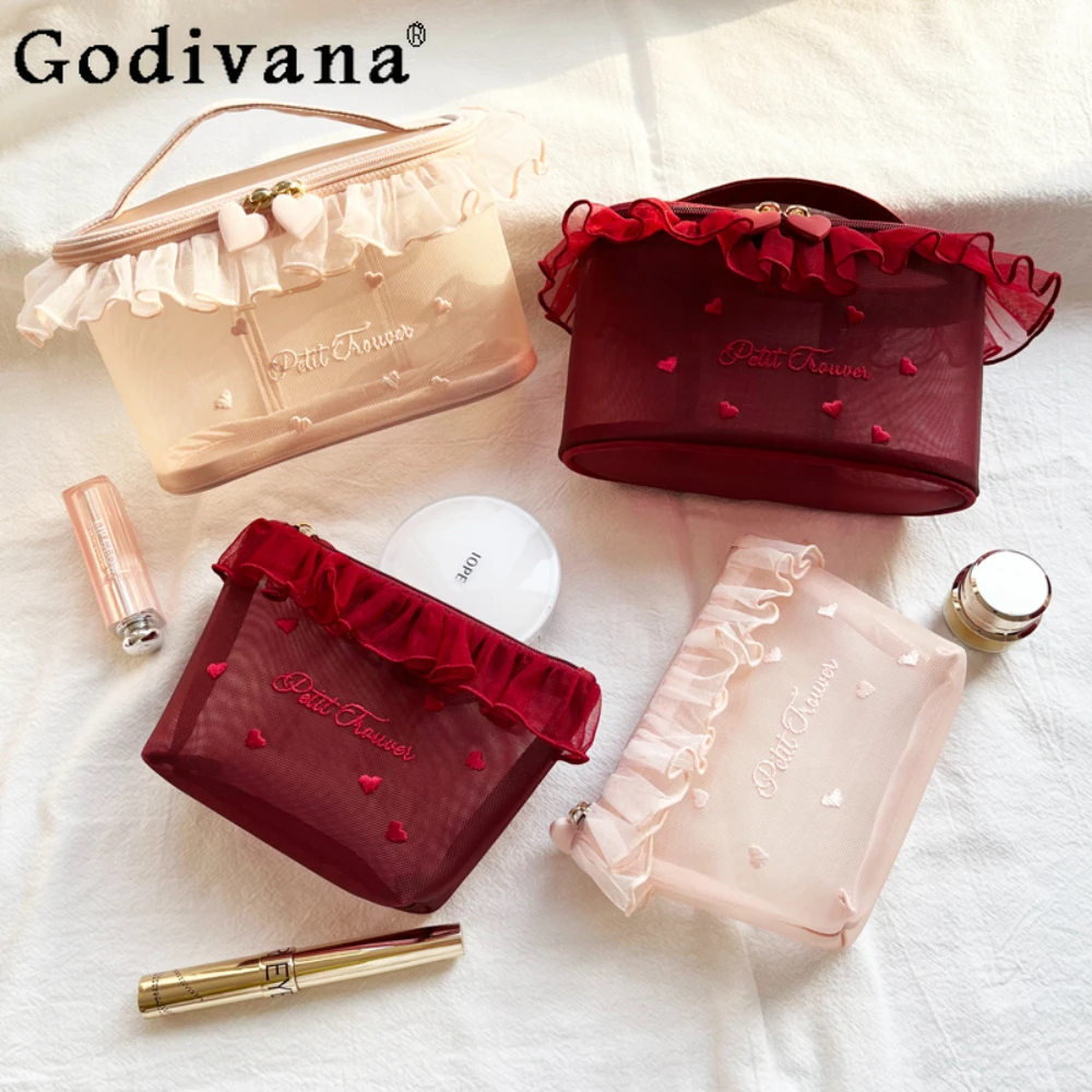 Sweet Cute Mesh Cosmetic Bag Woman Embroidery Lace Tissue Bags Portable Toiletry Case for Girls