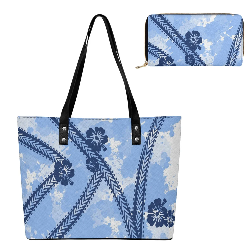 

Hawaiian Printed Bag Set Custom Tote Bag, Overnight Bag Women'S Handbag And Wallet Polynesian Casual Large-Capacity Shopping Bag