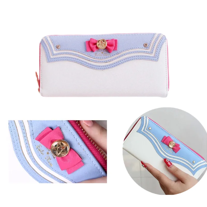 Anime Handheld PU Purse Tsukino Usagi Cute Moon Girls Cosplay Sailor Bow Wallet Cartoon Portable Zipper Purses Gift