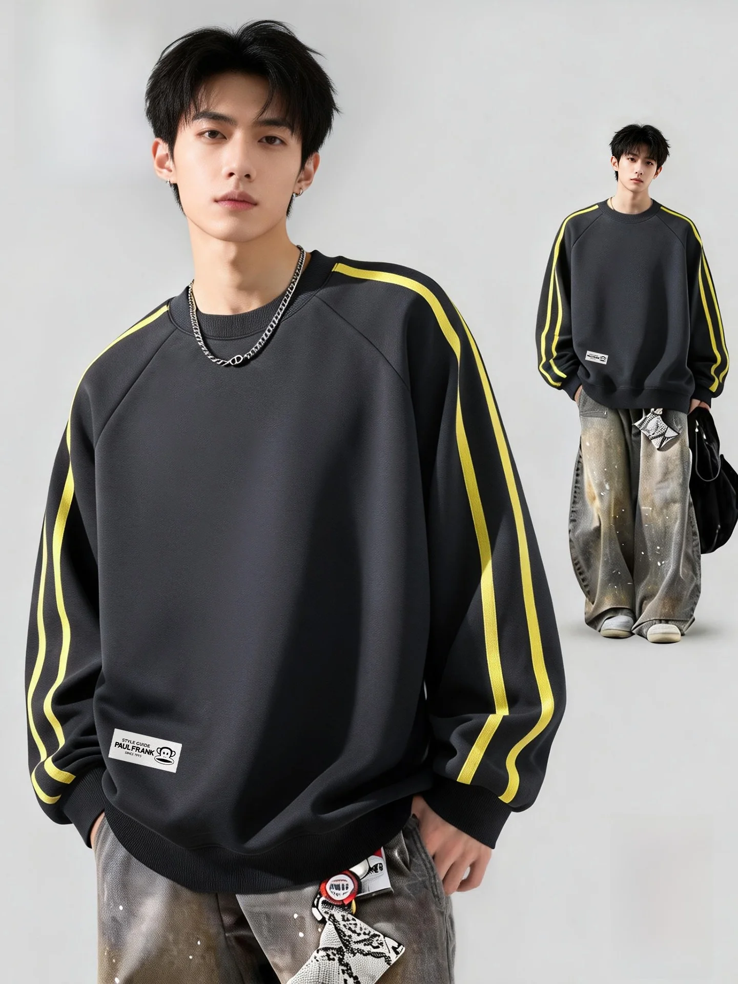 

M Stripe Sweatirt Spring Autumn Sport Sle Heavy Design Trendy Brand Jaet Big Mouth Monkey Color Blo