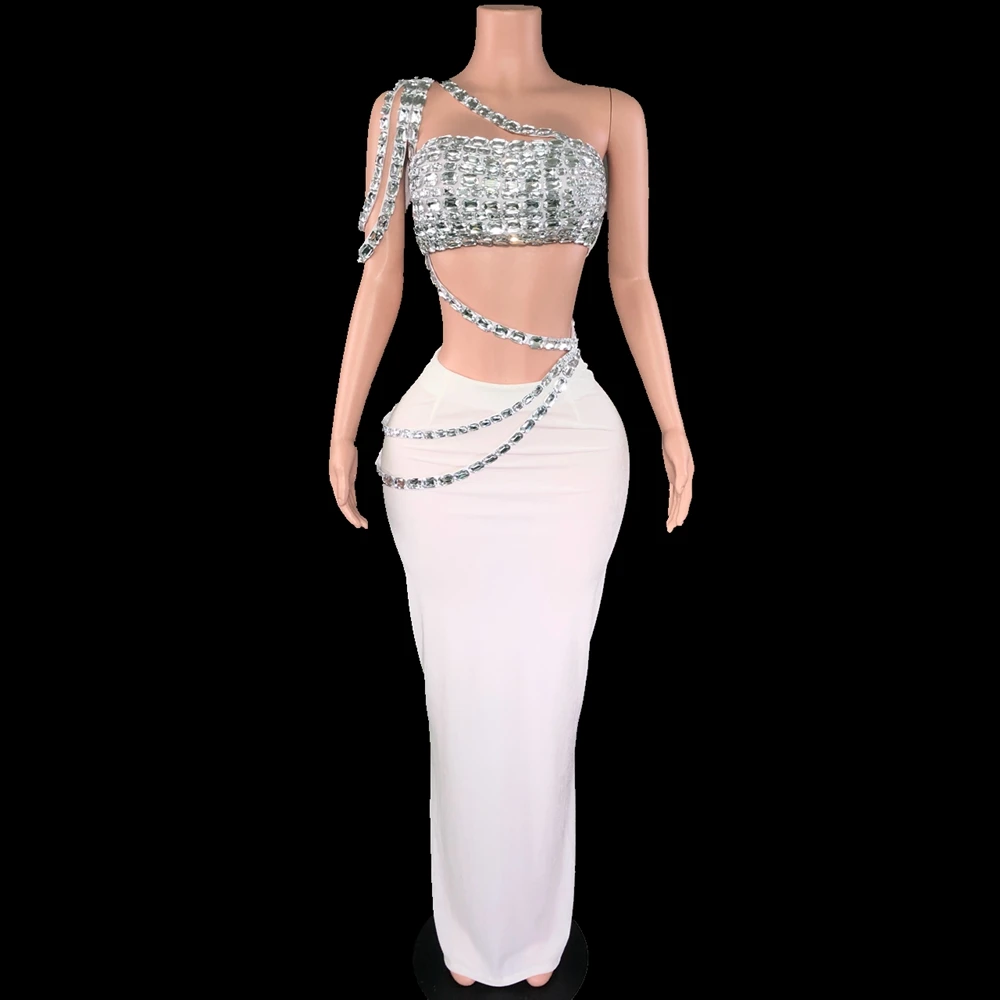 Sparkly Gemstones Tube Crop Top Long Skirt Two Pieces Set for Women Sexy Celebrate Evening Prom Birthday Photo Shoot White Dress