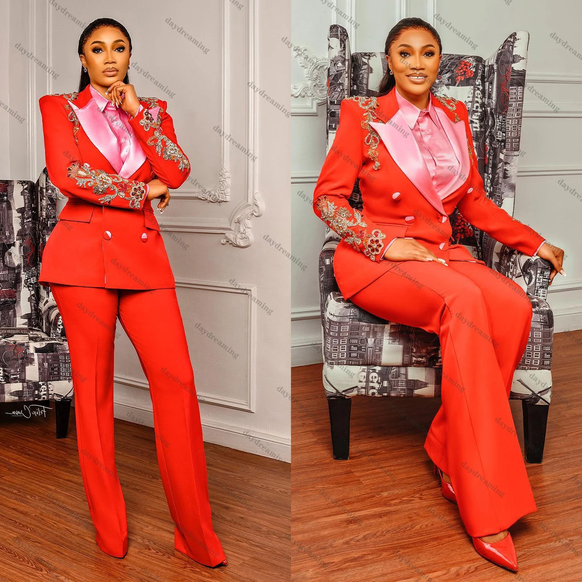 

Fashion Red Women Jacket Pants Suits Peaked Lapel Applique Blazer Casual Flare Trouser 2 Pieces Set Custom Made