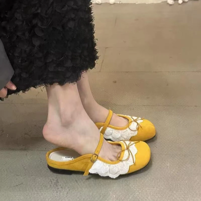 

Women's Lace Mary Jane Flats, Sweet Bow Square Toe Ballet Mules, Casual Lolita Style Slip-on Shoes for Spring Summer