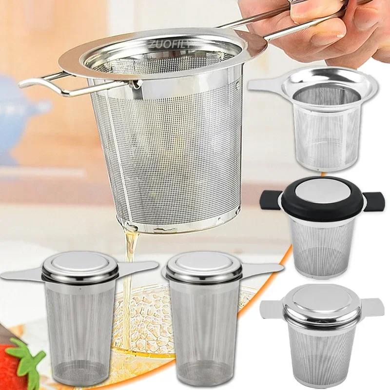 Multi Style Fine Mesh Tea Infuser Stainless Steel Coffee Filter with Lid,Double Handle Leak-Proof Hanging Cup Strainer Durable