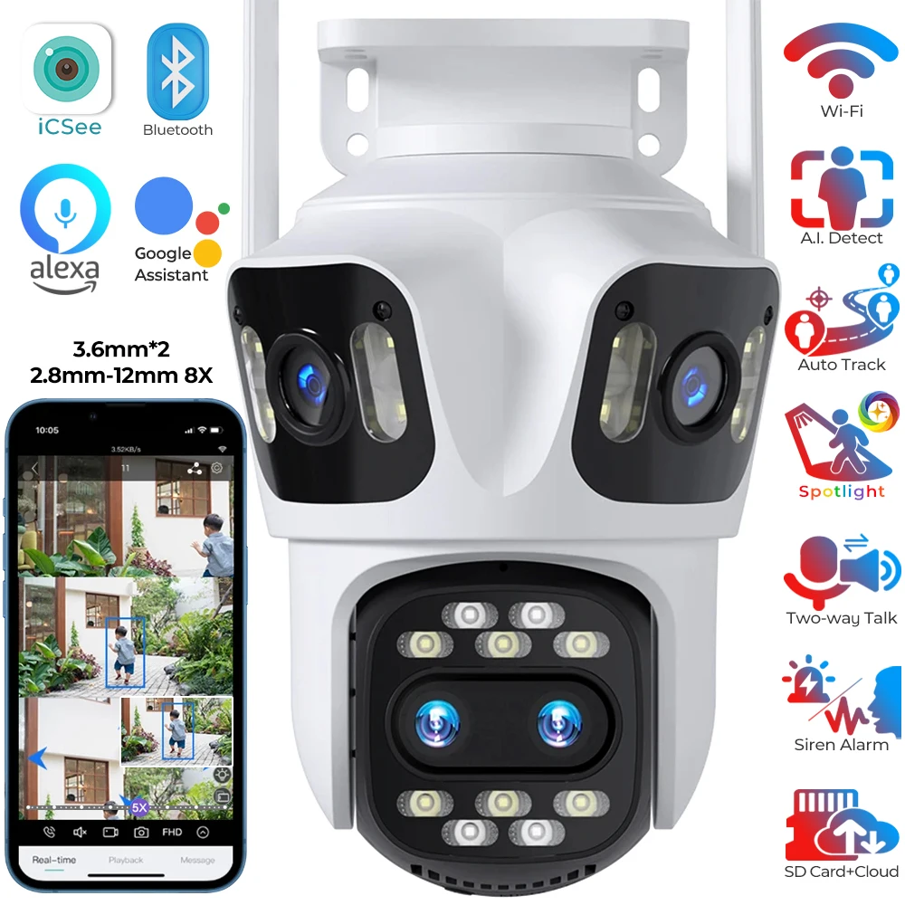 Outdoor WiFi Surveillance Camera 4 Lens 4 Screen 8X Hybrid Zoom IP PTZ Camera Auto Tracking Human Detect Security Cameras iCSee