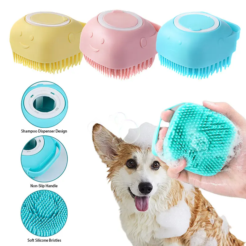 

Pet Grooming Bath Massage Brush with Soap and Shampoo Dispenser Soft Silicone Bristle for Long Short Haired Dogs Cats Shower