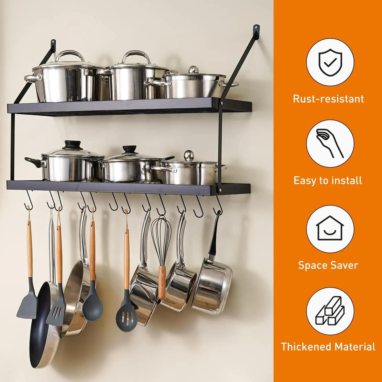 30-Inch Kitchen Pot Rack Mounted Hanging Rack Kitchen Storage Organization Matte Black 2-Tier Wall Shelf Pots Pans with 12 Hooks