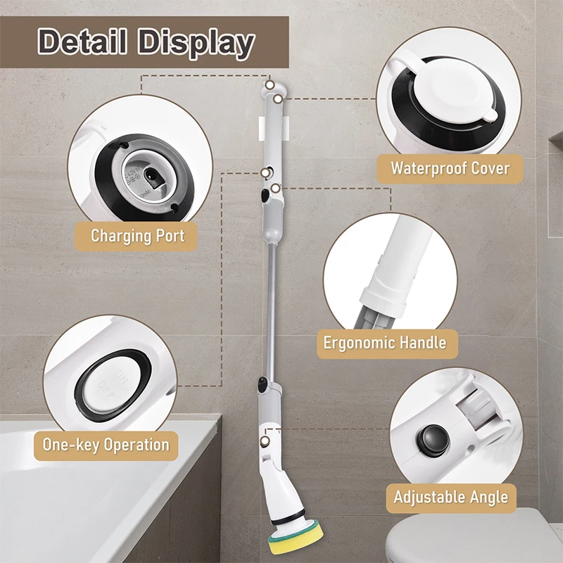 Electric Cleaning Brush Multifunctional Household Bathroom Floor Tile Cleaning Brush Wireless Long Handle Cleaning Machine