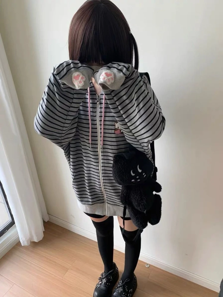 HOUZHOU Gray Cat Embroidery Women Hoodies Cutecore Striped Japanese Style Kawaii Sweet Zipper Sweatshirt Loose Cat's Ears Preppy