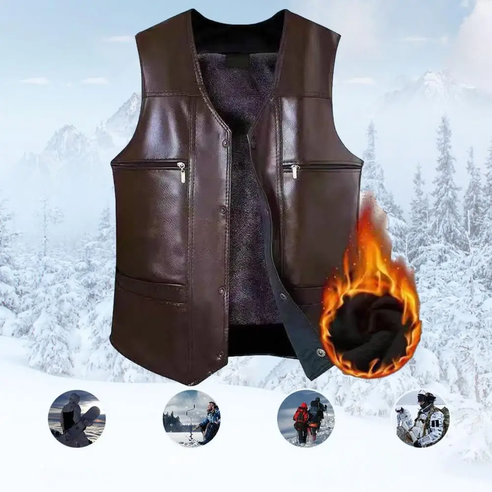 

Men Soft Waistcoat Stylish Mid-aged Men's Faux Leather V Neck Vest with Plush Lining Multiple Pockets Windproof Design for Fall