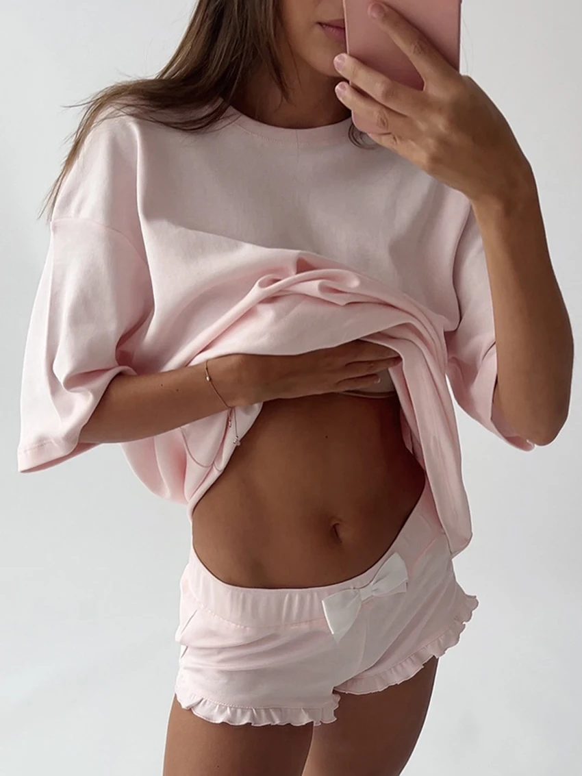 Marthaqiqi Summer Pink Ladies Nightgowns 2 Piece Suit Half Sleeve Nightwear O-Neck Pajamas Shorts Casual Home Clothes For Women