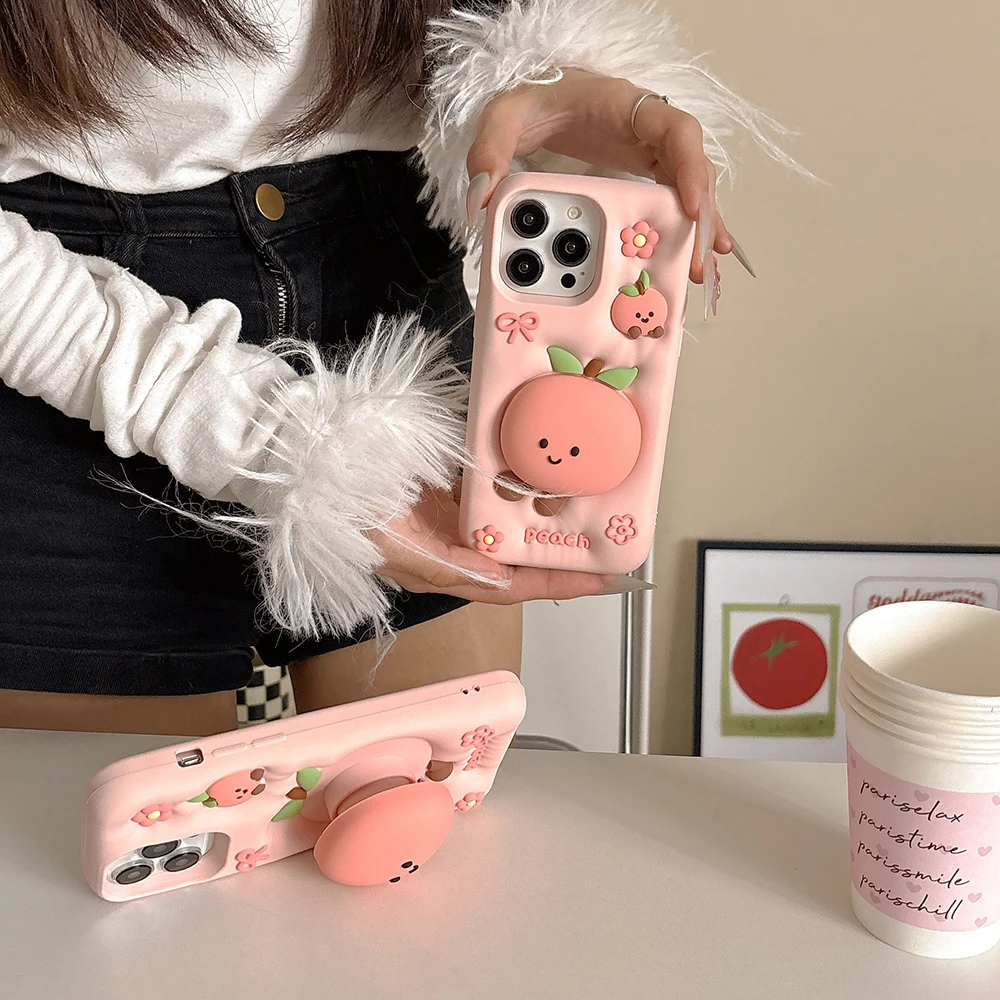 Kawaii 3D Sommer Obst Pfirsich Halterung Weiche Silikonhülle für iPhone 17 16 15 14 13 12 Pro Max mit Ständerhalter stoßfeste Abdeckung – Detail 8