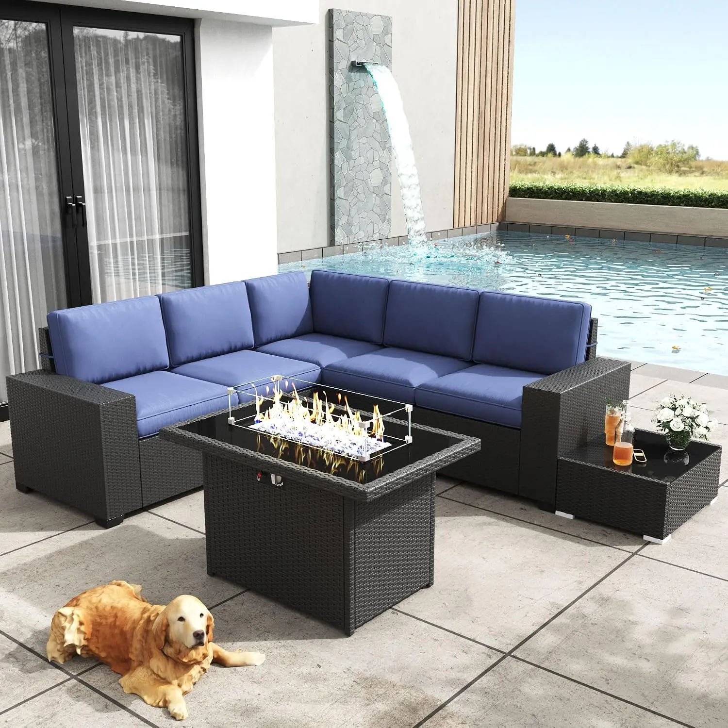 Patio Wicker Sofa Set With Fire Pit Table, 7 Pieces All-Weather Outdoor Sectional Conversation Furniture, Customized