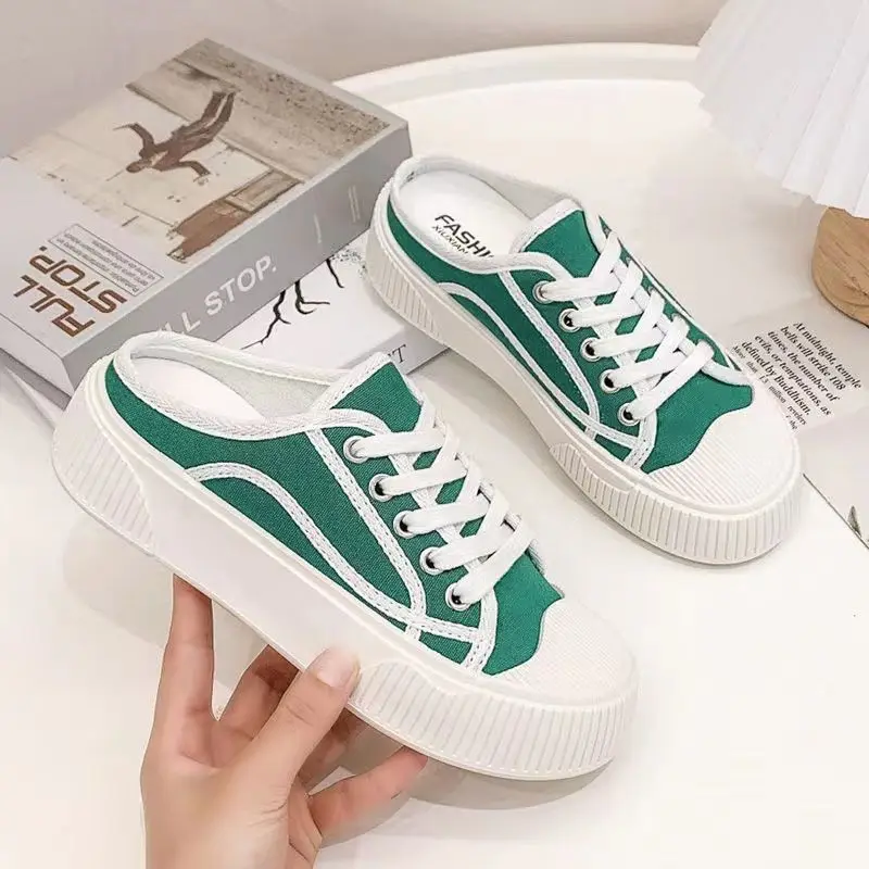 Summer 2024 Sneakers Sports Shoes Slides Women\'s Slippers and Ladies Sandals Cotton Green Platform Mules Thick Korea Style Trend