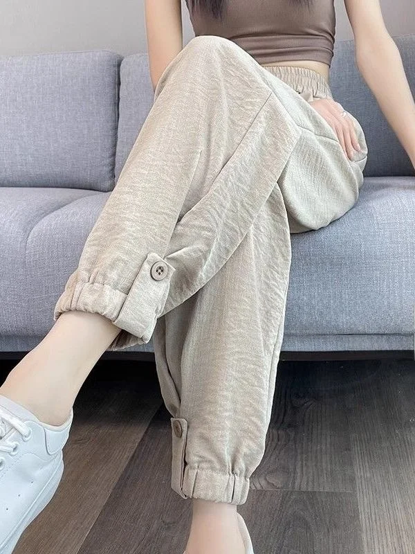 

Женские летние брюки из тонкого хлопка и льна Ice Silk: новые повседневные спортивные брюки-харланы, укороченные, с отворотами, модные, с высокой талией, свободного кроя
