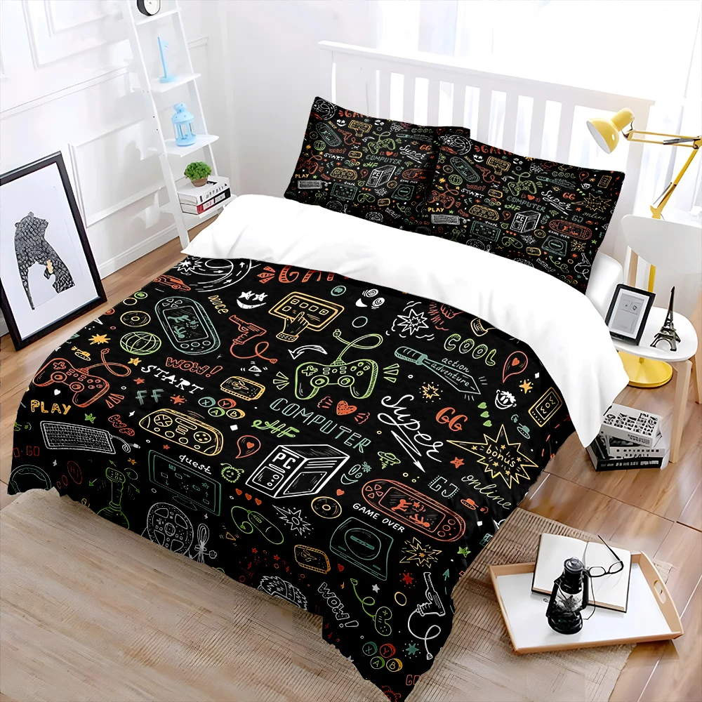 Gaming-themed doodle art design Bedding Set for Kids Luxury Gift 3pcs Digital Print Comforter Set Soft Comfortable Breathable