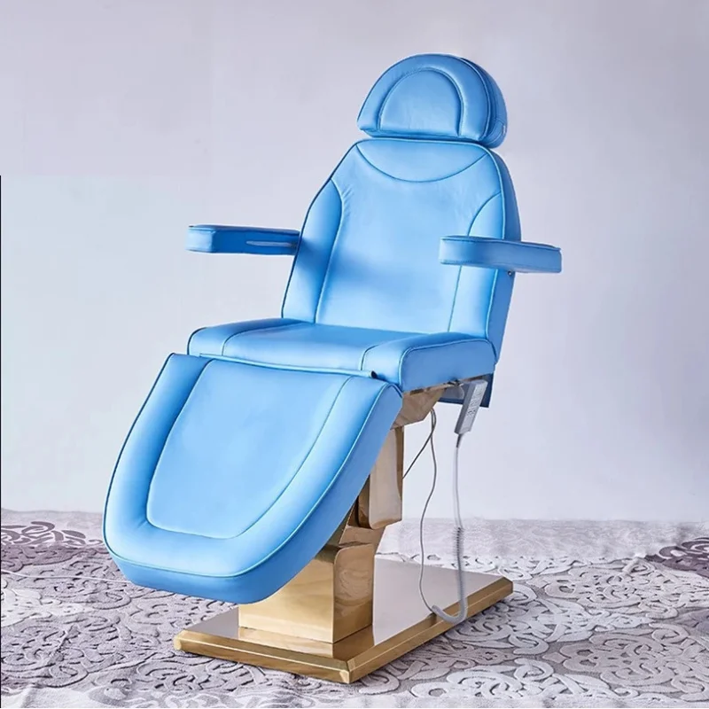 New Arrival Blue Saloon Bed Gold Stainless Steel Base Massage Lash Bed With 3 Motors Salon