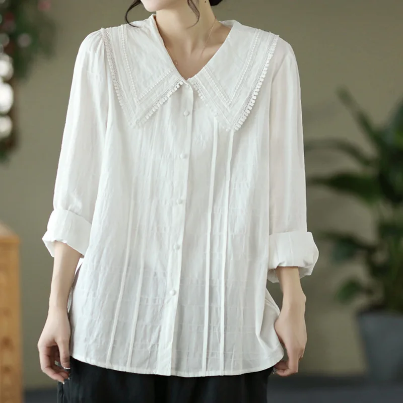 

Japanese Sweet Mori Girl Solid Color Embroidery 100% Cotton Shirts Women Spring Cute Peter Pan Collar Long Sleeve White Blouse