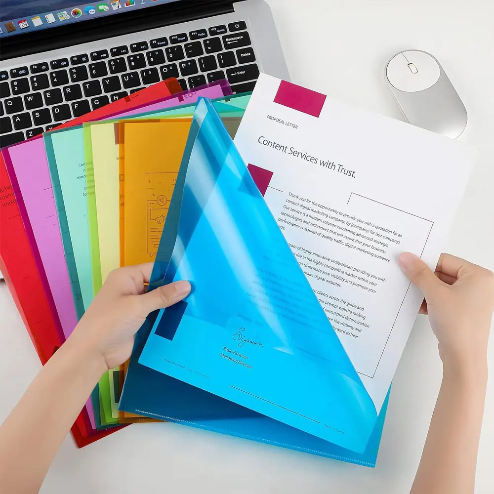 12/18 buah folder plastik berbentuk L, sampul folder warna transparan, 6 warna, ketebalan 18c.