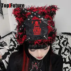 Women's Harajuku Steampunk Y2K Gothic Soft GirlBear Hat zipper Chain decorationStar Hairline Knitted cat ear red blackHat