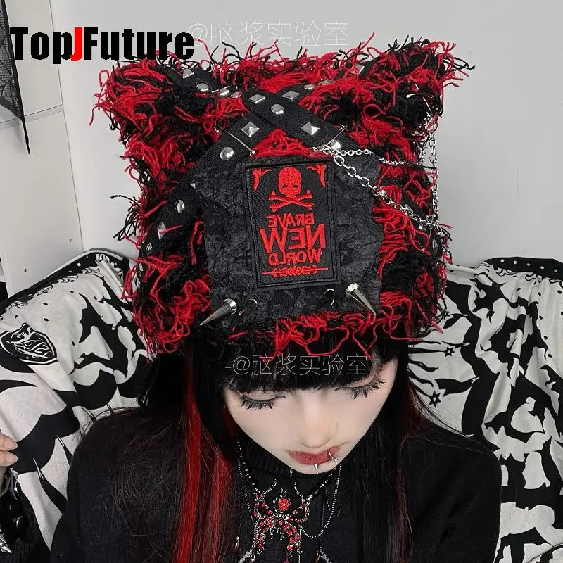 Damski Harajuku Steampunk Y2K Gothic miękki GirlBear kapelusz łańcuszek na zamek dekoracja gwiazda linia włosów dzianinowe ucho kota czerwony czarny kapelusz