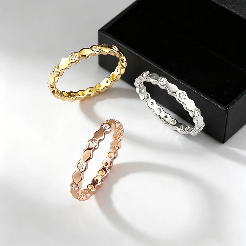 S925 Silver Ring Multi‑Tone Wavy Band Ring Inlaid Clear Zircon Stackable Eternity Ring Dainty Fine Jewelry Women Daily PartyGift