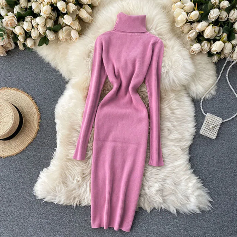 Sweter 2023 zimowy golf ciepły długi rękaw sukienka dzianinowa koreańska moda casualowa jednolita damska obcisła sukienka Midi — zdjęcie 4