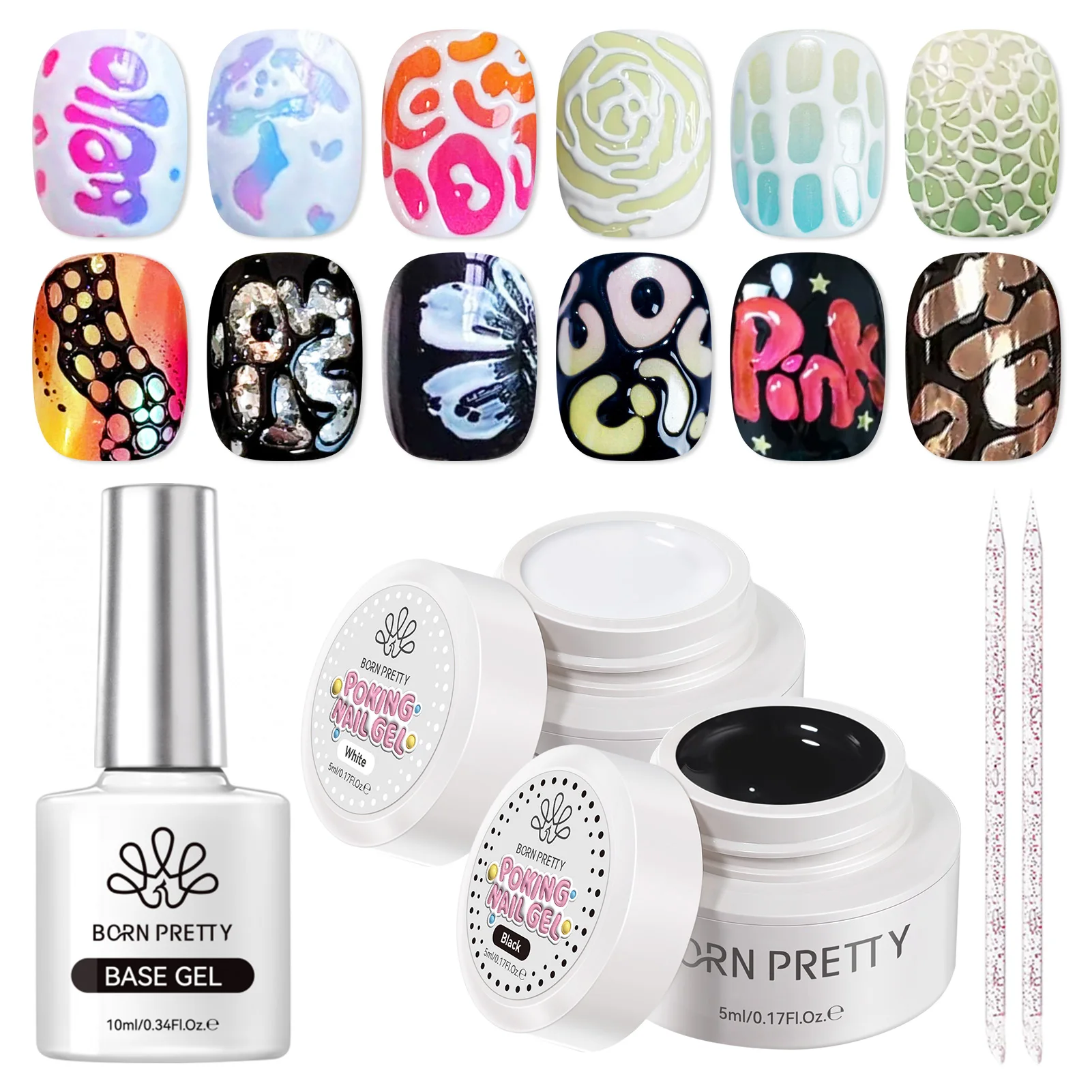 BORN PRETTY 2/3-teiliges Poking Nail Gel Set mit Poking Base Gel in Schwarz und Weiß, Spitzenloch-Blasen-Ozeanwellen-Muster, Hohles Malgel