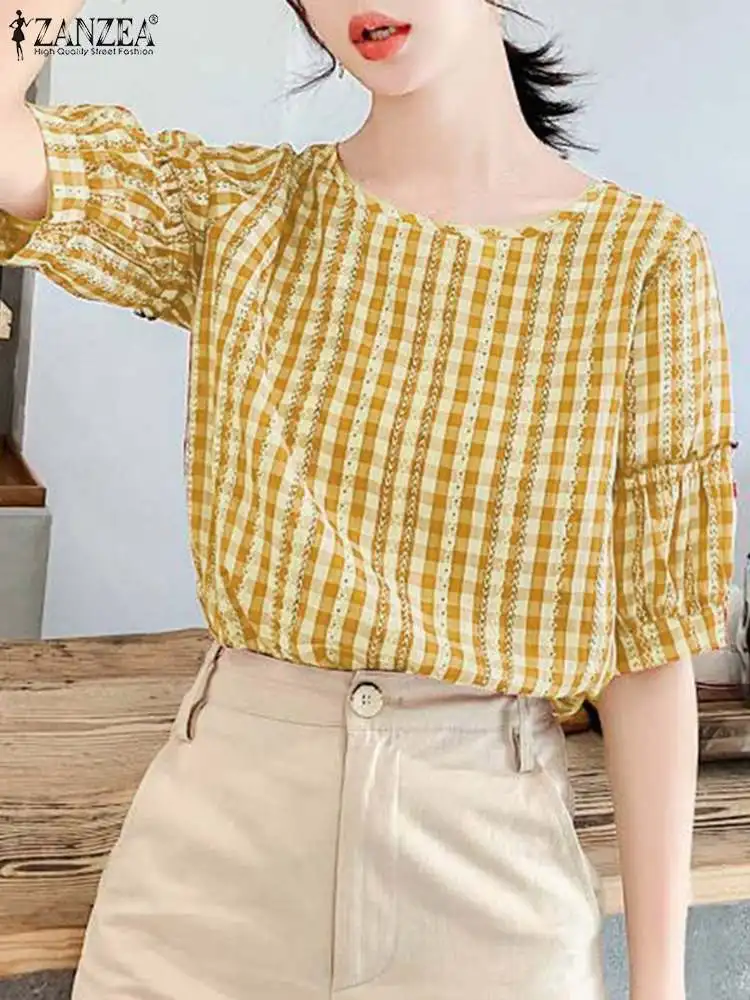 

ZANZEA Casual Elegant Tosp Flroal Print Summer Lantern Sleeve O Neck Gingham Blouses Korean Fashion Women Checked Blusas Mujer