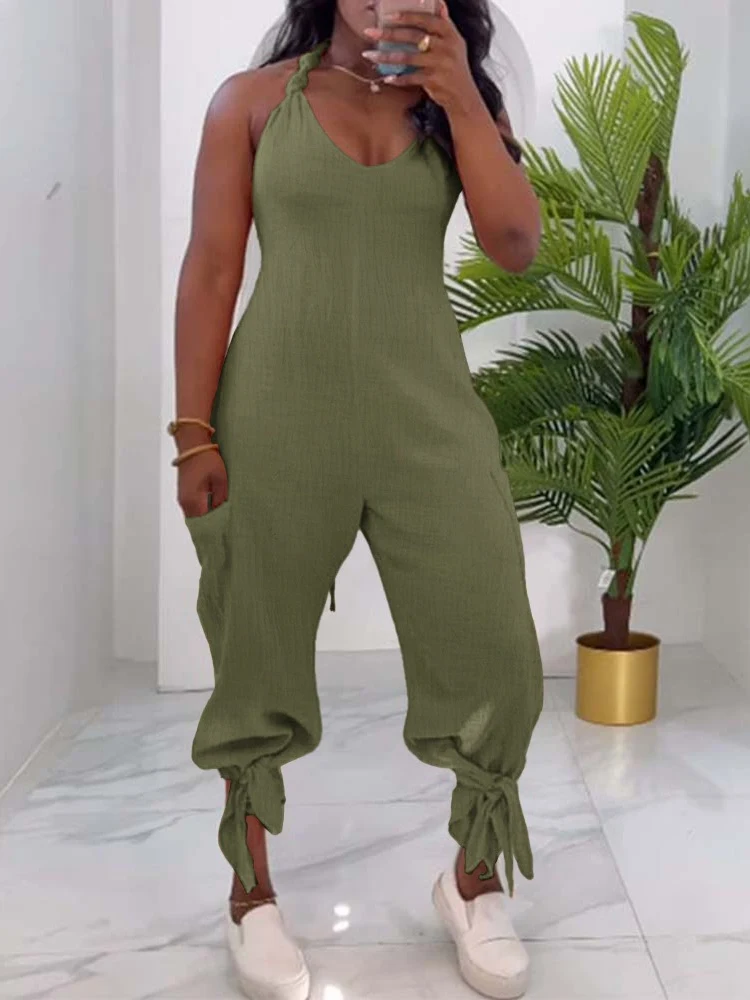 Casual Long Jumpsuits for Women Clothing Summer 2024 Trend Halter Tied Detail Pocket Design Jumpsuit Woman One Pieces Outfit