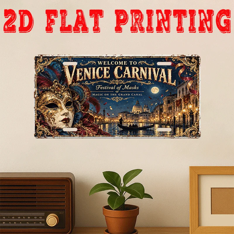 2D Flat Printing, 1pc, Retro Metal Sign, Venice Carnival Golden Mask Sign (29.97X14.99 cm), Holiday Gift, European Festive St