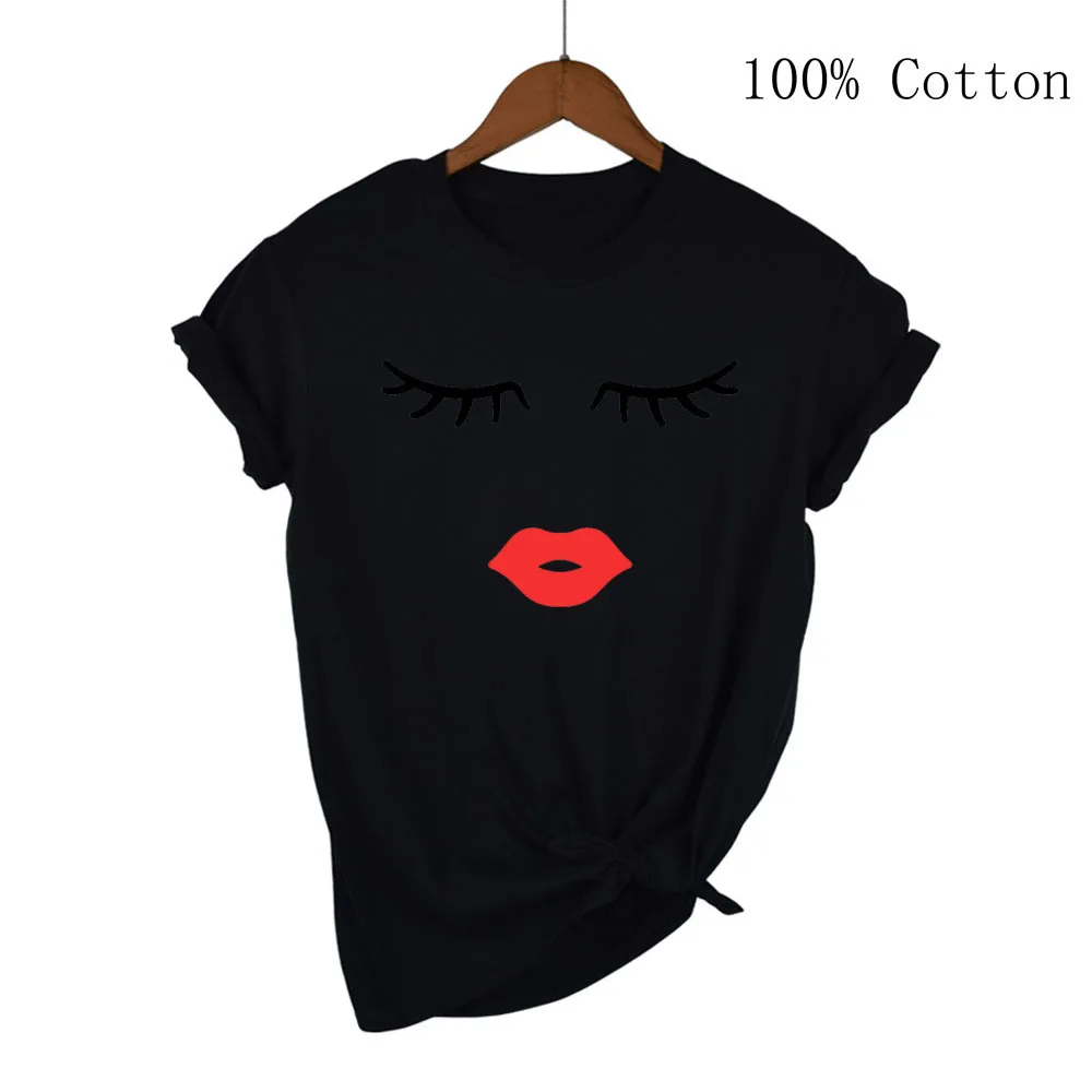 Pretty and cute Eye Lashes Red Lips Print Women t shirt Summer Casual Short Sleeve O Neck t-shirt Ladies White TShirt Tops