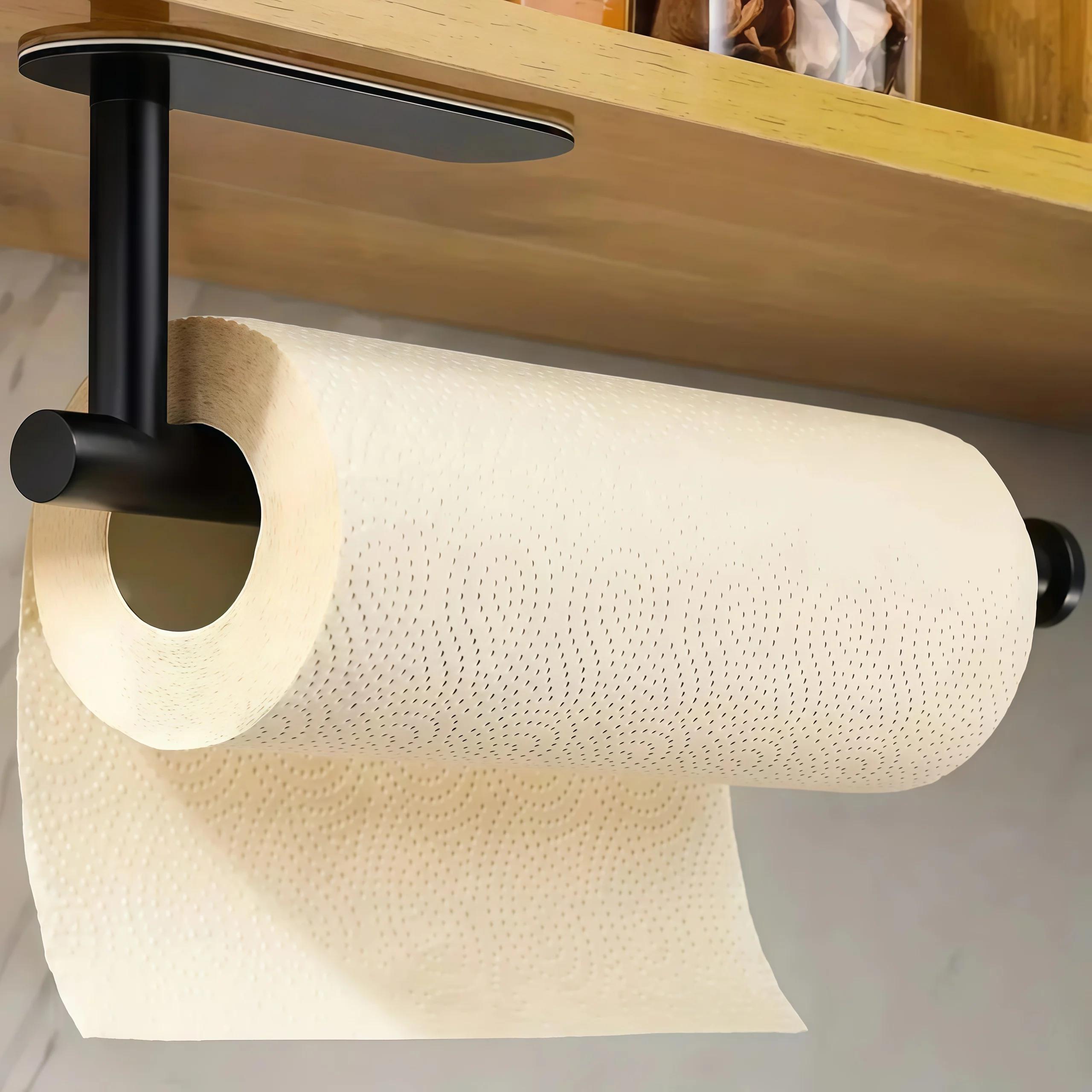 

1pcs black stainless steel tissue holder, wall mounted kitchen tissue holder, kitchen roll paper holder, hanging cabinet hanging tissue holder, cling film storage rack, household cabinet bottom drawer paper holder, non perforated kitchen tissue holder