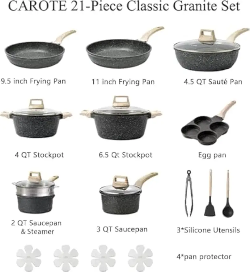 21pcs Nonstick Pots and Pans Set, Cookware Sets, with Egg Pan | Induction Kitchen Cooking Set, Easy Clean, Even Heating, Stay