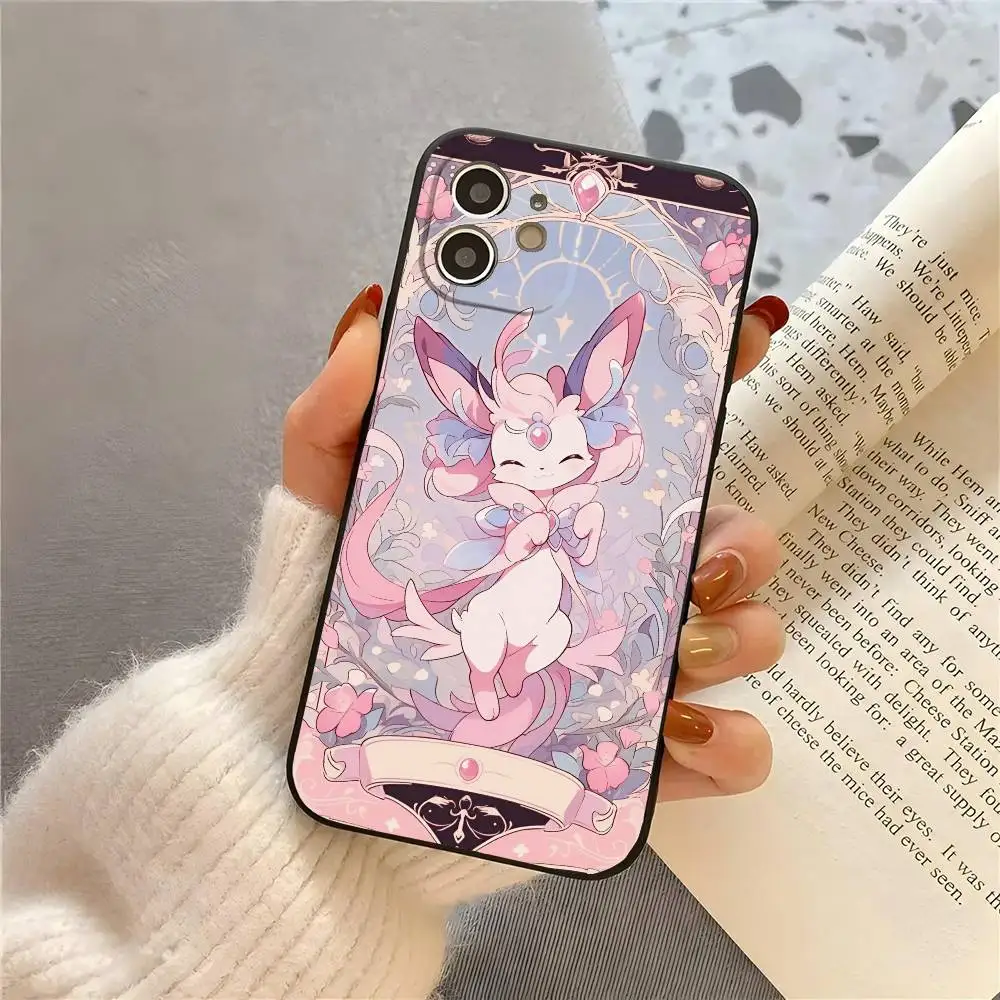 حافظة هاتف لطيفة Sylveon Pink N-ninfia لهاتف Apple iPhone 16,15,14,13,12,11,Pro,Max, Mini Wave Oil Short Black #3