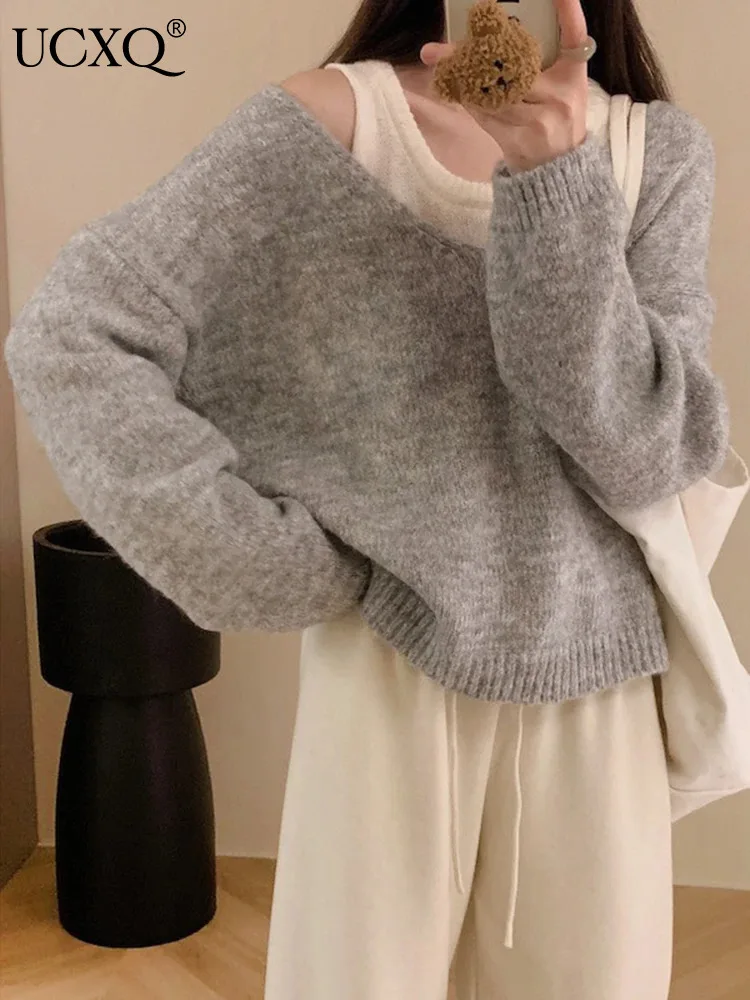 UCXQ Elegant Two-piece Set Korean Style V-neck All Match Pullover Sweater Vest Knitwear Casual Sets Women 2024 Autumn Winter 158