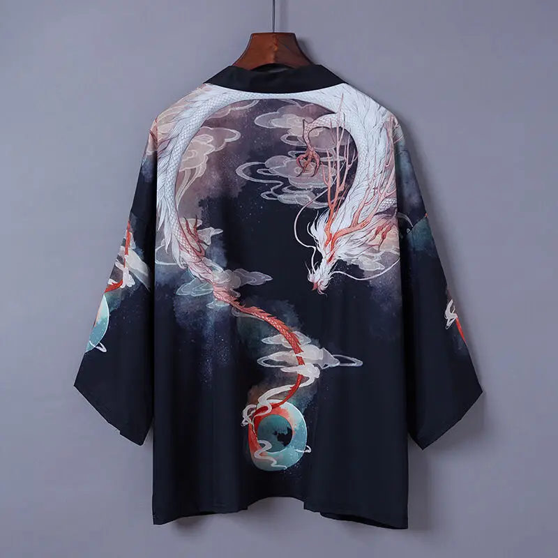 جديد الرياح التنين الطوطم العائمة العالم اللوحة فضفاضة الأزياء اليابانية سبعة أقدام كم كيمونو رداء مفتوح طوق الصوفية