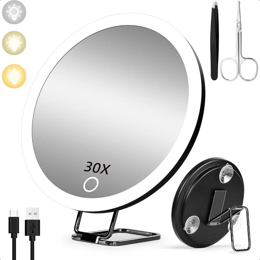 

30x Magnifying Mirror with Light Large 6 Rechargeable Lighted 30x Magnified Mirror with Suction Cups Table Stand 3 Color Modes