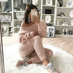 Women Sweater Matching Sets O-neck Loose Knitted Sweater Tops and Pant Sets Autumn Winter Knit Two-piece Solid Casual Women Set