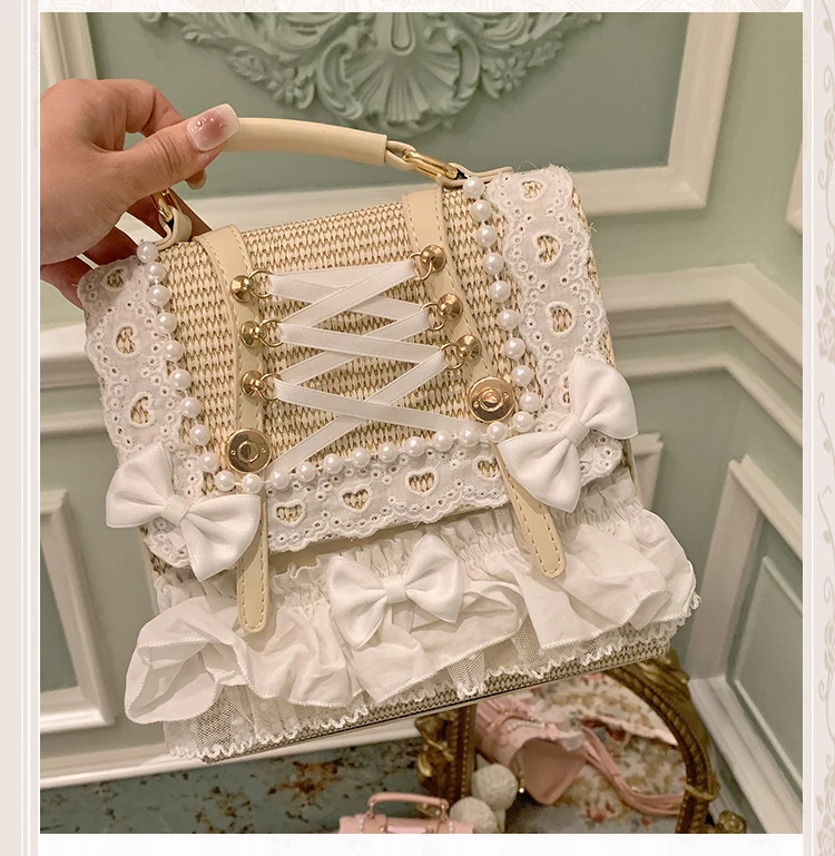 2025 Original Lolita Two-tone Bow Pearl Ribbon Cute Straw Bag Sweet Pastoral Shoulder Tote Bag Daily Backpack