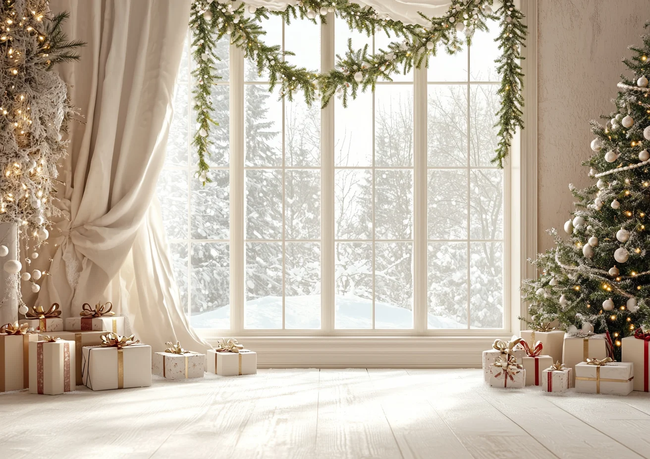 Photography Background Winter Christmas Beige Indoor French Window Gift Kids Family Portrait Decor Backdrop Photo Studi