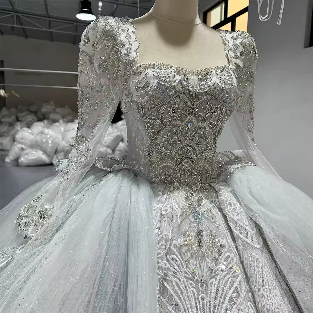 Vestido De Noiva Sereia maniche lunghe colletto quadrato perline abito da ballo di cristallo abito da sposa con buco della serratura sul retro