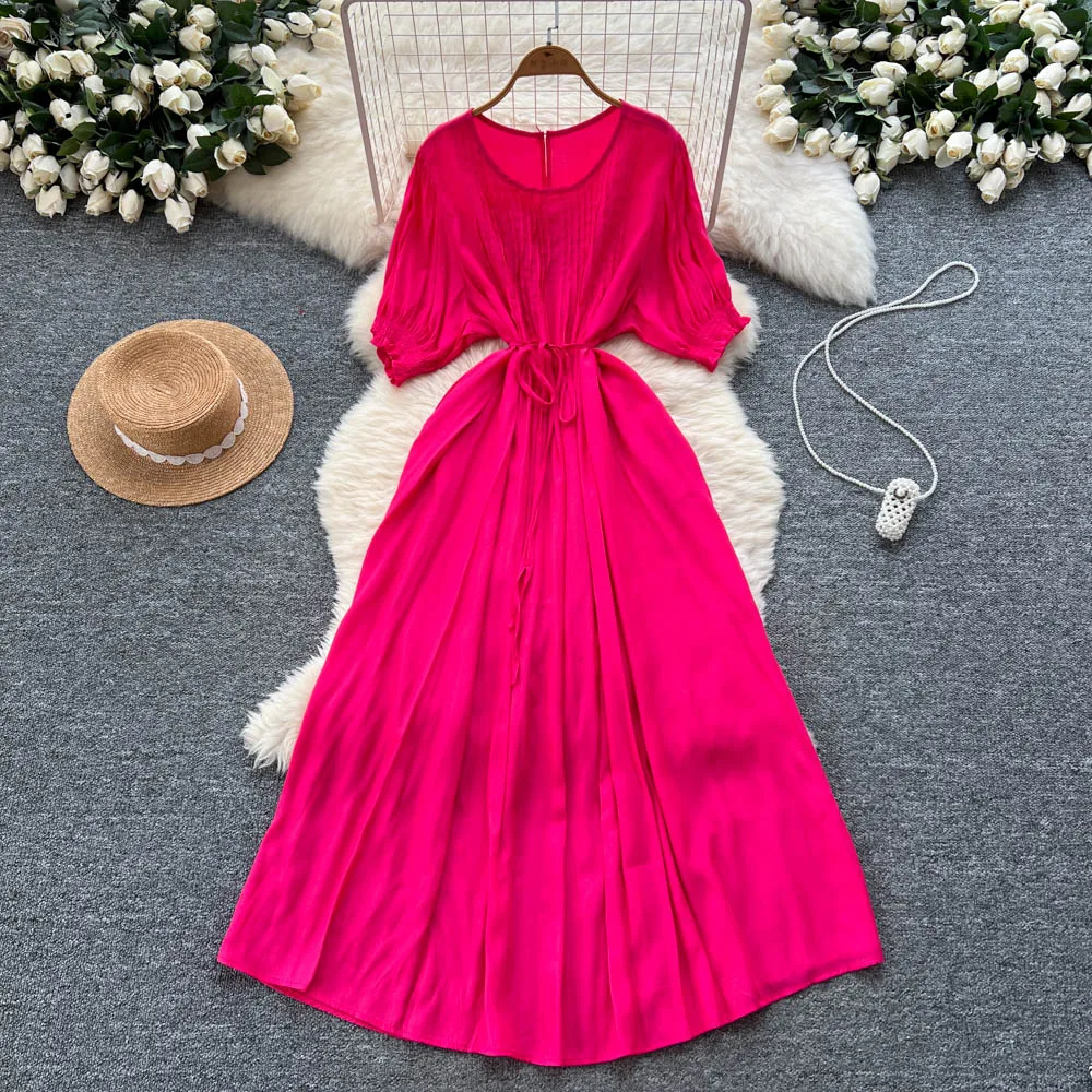 Elegant lace-up loose short sleeve Vintage Chic  Slim Ball Gown Dresses French Evening High Street Clothing