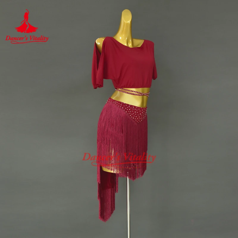Traje de performance de dança do ventre feminino manga curta + saia curta com borla 2 peças roupa de prática de dança oriental