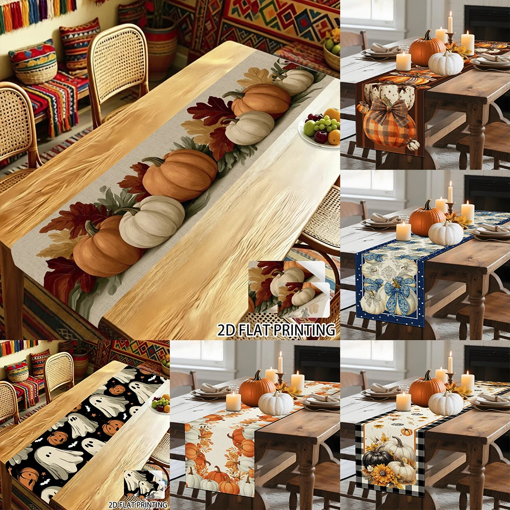 1pc  Fall Pumpkin Maple Leaves Table Runner Seasonal Thanksgiving Farmhouse Kitchen Dining Table Decor for Home Party