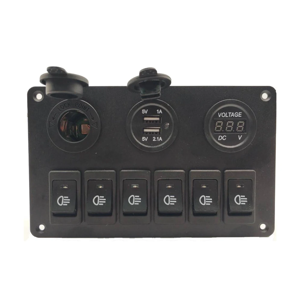 

Car Switch Panel Dual USB 6 Gang Replacement Voltmeter Power Outlet Part