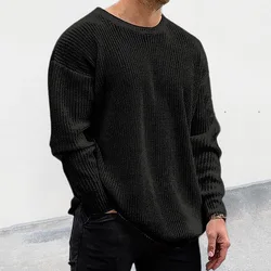 Jersey de punto de manga larga con cuello redondo para hombre, jersey de Color liso para jóvenes urbanos, otoño e invierno, 2023