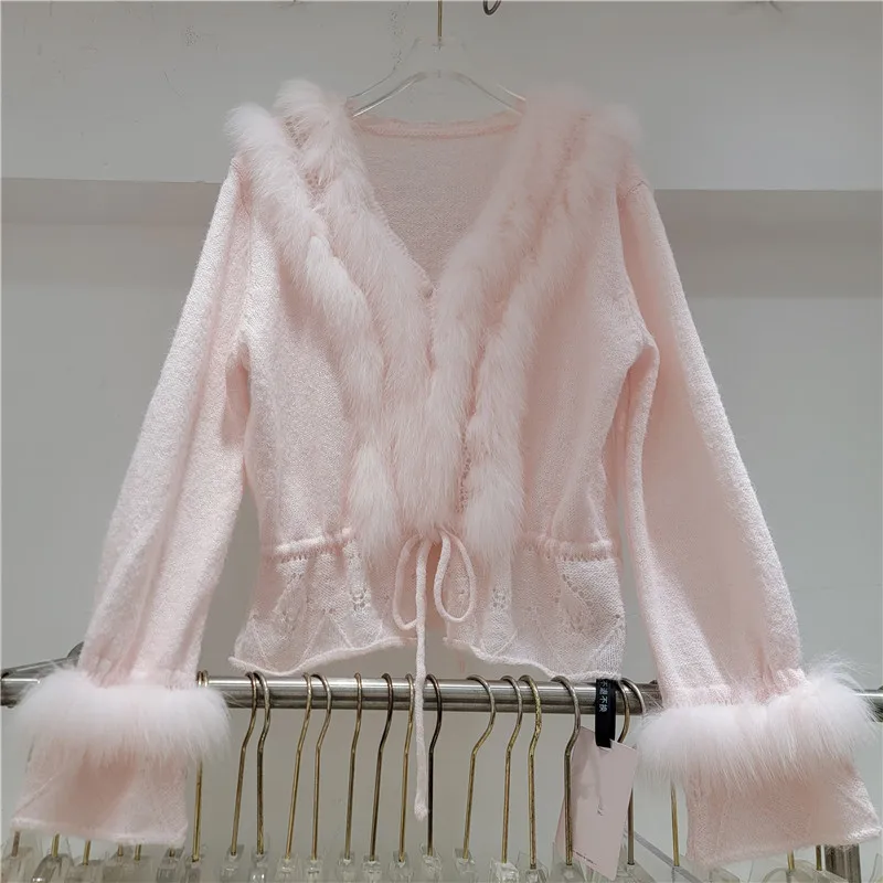 Clothland Women Sweet Fur Spliced Knitting Cardigan V Neck Drawstring Sashes Sweater Jacket Cute Knitwear Coat Tops HA674