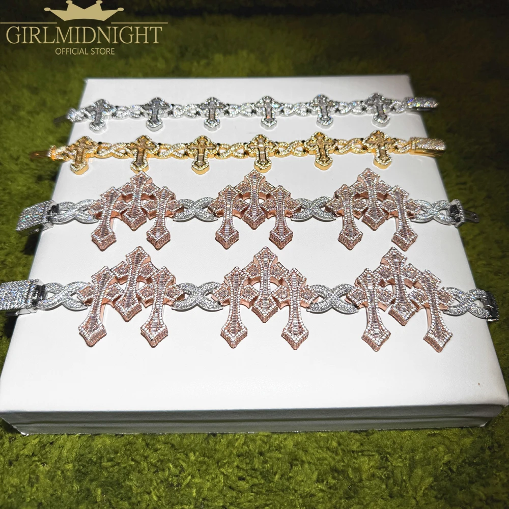 

2025 Новый браслет Iced Out Infinity Cross для мужчин и женщин, двухцветный розовый золотой цвет, кубический цирконий, очаровательные ювелирные изделия в стиле хип-хоп